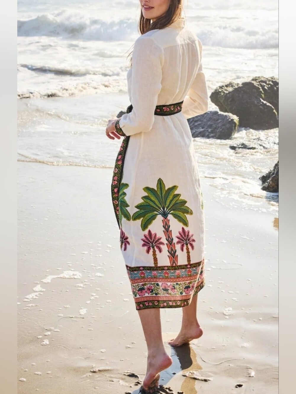 Printfresh Linen Playa Palms Monaco Midi Dress Off White Medium M - Picture 9 of 9